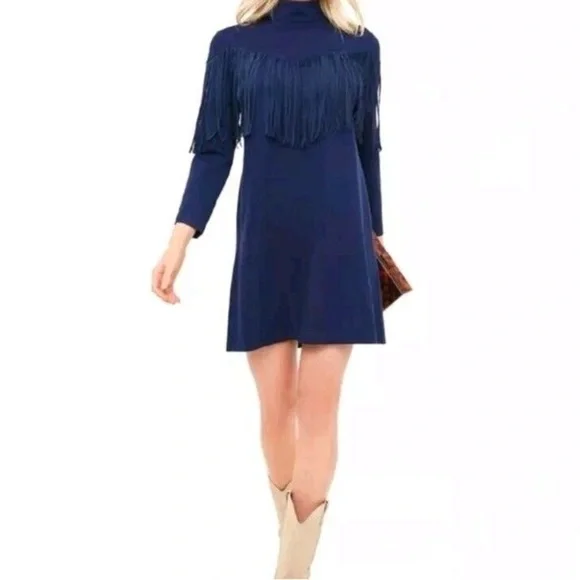 Tuckernuck Dress Women Navy Blue Cowgirl Suede Fringe Long Sleeve NWT - Picture 1 of 8